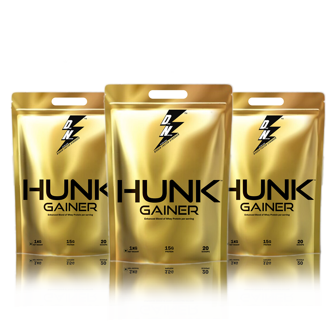 Hunk Mass Gainer Gold Blend Of Whey Protein Concentrates And Whey Protein Isolate Pack of 3 - Divine Nutrition