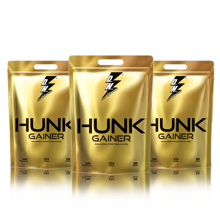 Hunk Mass Gainer Gold Blend Of Whey Protein Concentrates And Whey Protein Isolate Pack of 3 - Divine Nutrition